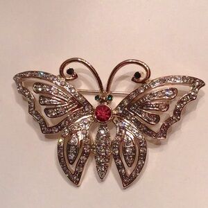 New Lacy Butterfly Brooch,Goldtone w/clear,red,green crystals 1 1/2”H x 1 7/8”W